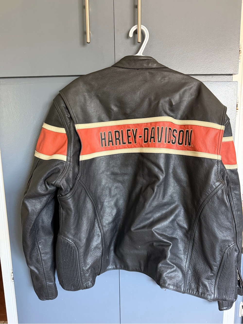 Vintage Harley-Davidson Black Leather Jacket with Orange and Cream Panels